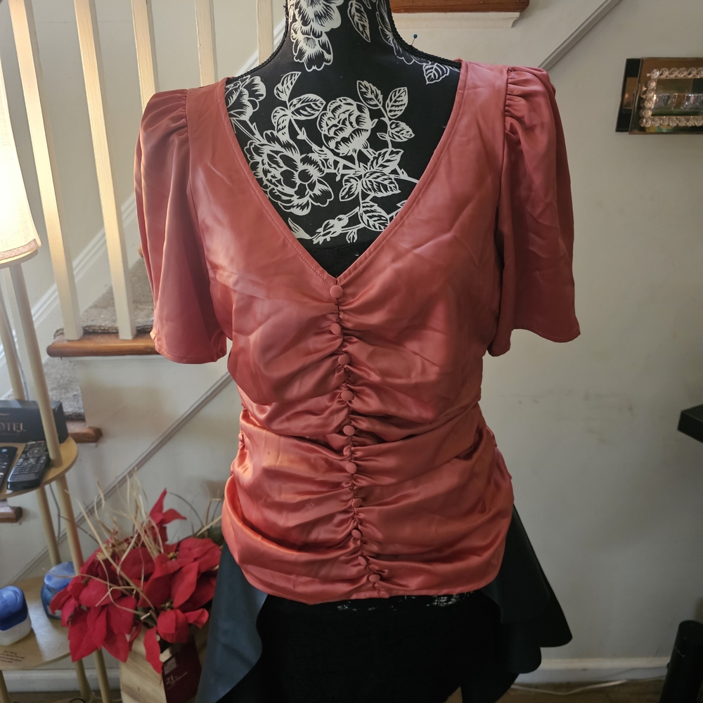 Marc New York Ruched Satin Blouse in Coral